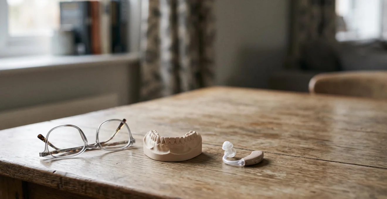 Photographie symbolique illustrant l'accès a des lunettes, une prothese dentaire et un appareil auditif grace au dispositif 100% Sante