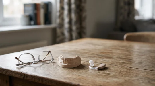 Photographie symbolique illustrant l'accès a des lunettes, une prothese dentaire et un appareil auditif grace au dispositif 100% Sante