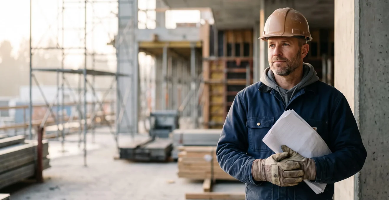 Un artisan du bâtiment consulte une attestation d'assurance sur un chantier au petit matin, symbolisant la mise en conformité avant le premier chantier