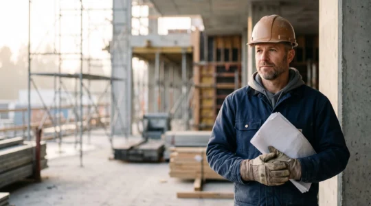 Un artisan du bâtiment consulte une attestation d'assurance sur un chantier au petit matin, symbolisant la mise en conformité avant le premier chantier