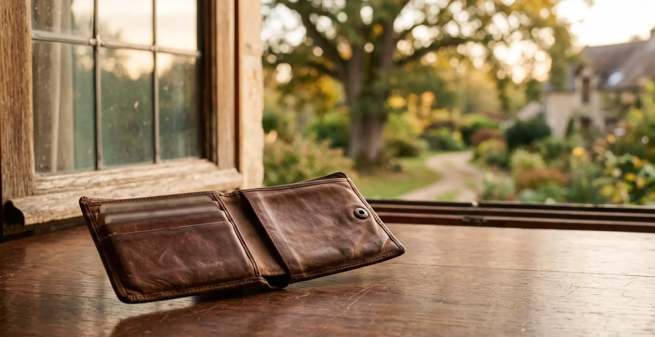 Portefeuille en cuir ouvert sur un bureau en bois avec lumiere doree d'automne, symbolisant la patience et la maturation d'une epargne longue