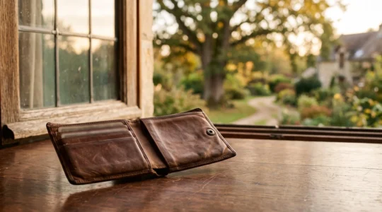 Portefeuille en cuir ouvert sur un bureau en bois avec lumiere doree d'automne, symbolisant la patience et la maturation d'une epargne longue