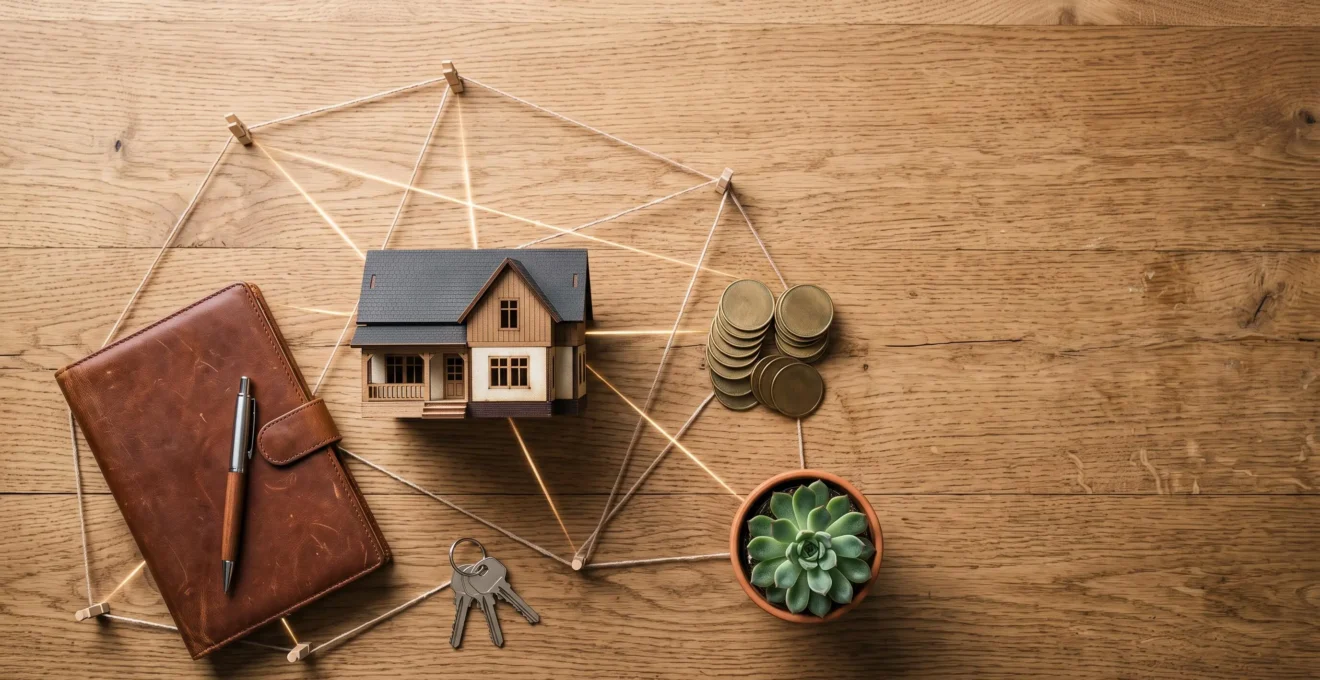 Vue d'ensemble symbolique d'un audit patrimonial complet avec des objets représentant l'immobilier, l'épargne et les revenus
