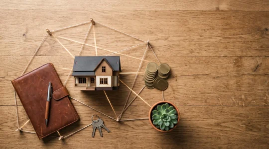 Vue d'ensemble symbolique d'un audit patrimonial complet avec des objets représentant l'immobilier, l'épargne et les revenus