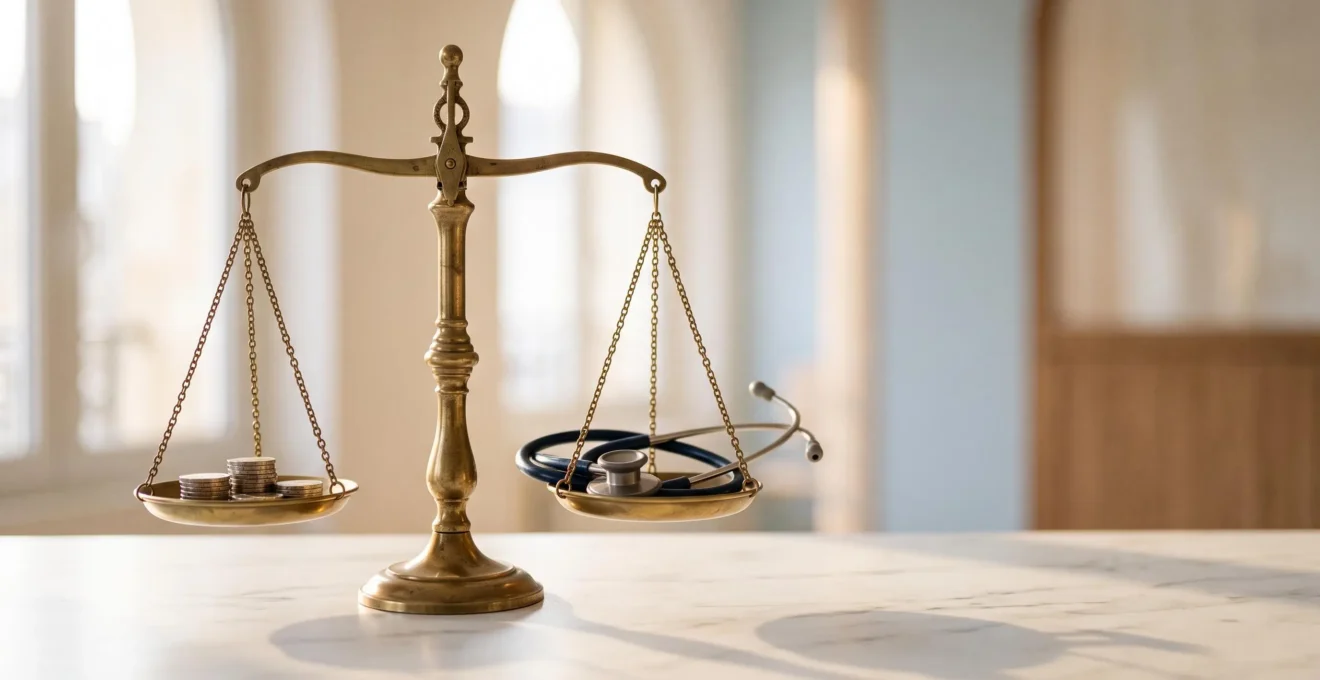 Balance symbolique entre un stéthoscope et des pièces d'euros illustrant la maîtrise des dépassements d'honoraires pour une opération