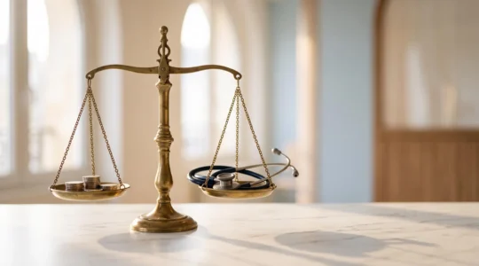 Balance symbolique entre un stéthoscope et des pièces d'euros illustrant la maîtrise des dépassements d'honoraires pour une opération