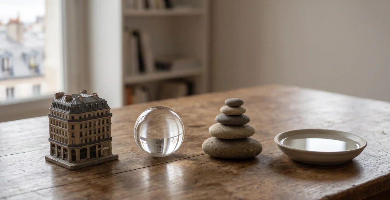 Composition symbolique illustrant la diversification d'un patrimoine entre immobilier, actions, obligations et fonds euros