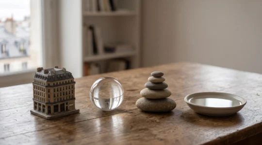 Composition symbolique illustrant la diversification d'un patrimoine entre immobilier, actions, obligations et fonds euros