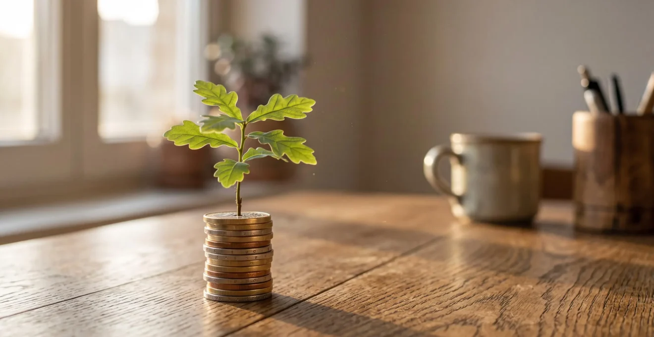 Photographie éditoriale symbolisant l'économie d'impôt générée par un versement sur un Plan Épargne Retraite, sous forme de graine germant depuis une pile de pièces