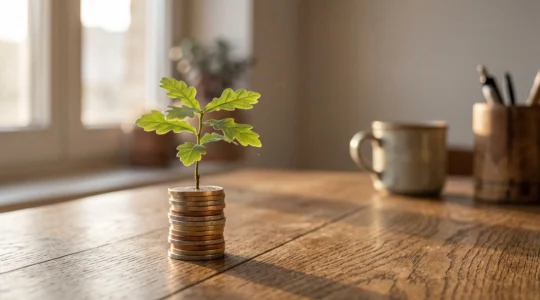 Photographie éditoriale symbolisant l'économie d'impôt générée par un versement sur un Plan Épargne Retraite, sous forme de graine germant depuis une pile de pièces
