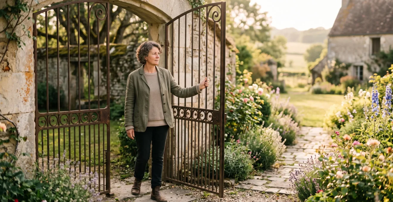 Une personne contemplant un jardin clos symbolisant l'épargne retraite bloquée jusqu'à 62 ans, en équilibre avec la vie quotidienne
