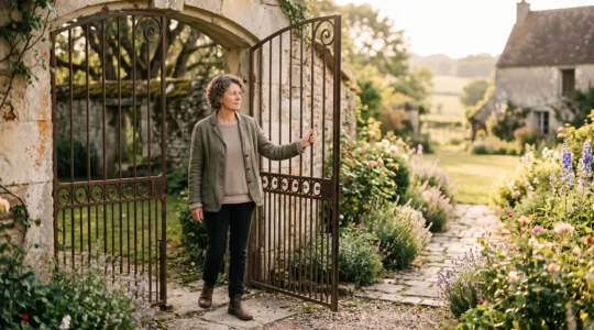 Une personne contemplant un jardin clos symbolisant l'épargne retraite bloquée jusqu'à 62 ans, en équilibre avec la vie quotidienne