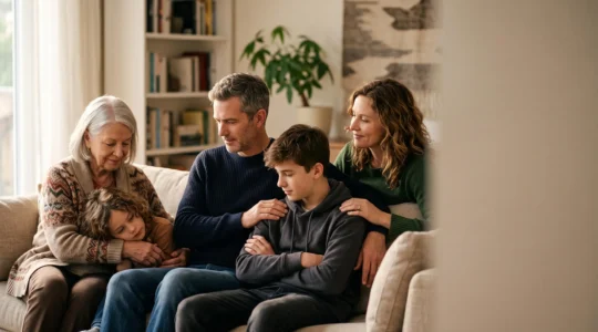 Photographie éditoriale d'une famille recomposée symbolisant le choix des bénéficiaires d'une assurance vie