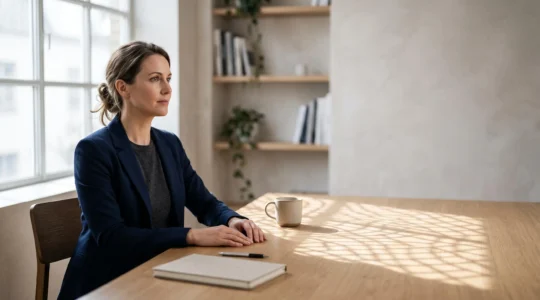 Professionnel indépendant travaillant à son bureau, protégé symboliquement par une structure de lumière évoquant un filet de sécurité invisible.