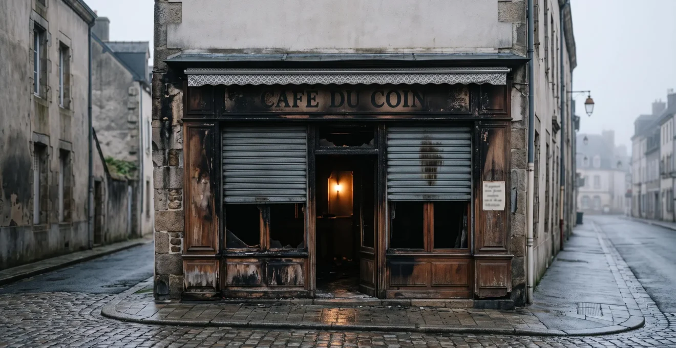 Vitrine d'un commerce partiellement endommagée après un sinistre, symbole de la garantie perte d'exploitation qui protège la continuite de l'activite