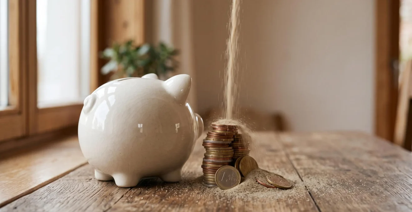 Tirelire traditionnelle en céramique posée sur une table, entourée de pièces de monnaie partiellement recouvertes de sable, illustrant l'illusion du taux de 3% face à l'inflation