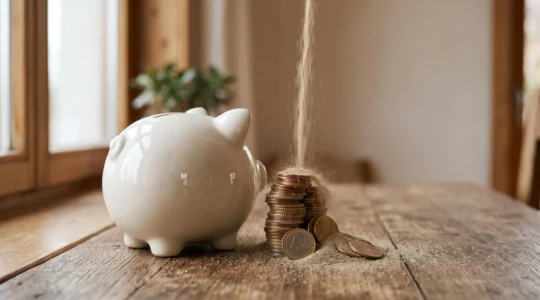 Tirelire traditionnelle en céramique posée sur une table, entourée de pièces de monnaie partiellement recouvertes de sable, illustrant l'illusion du taux de 3% face à l'inflation
