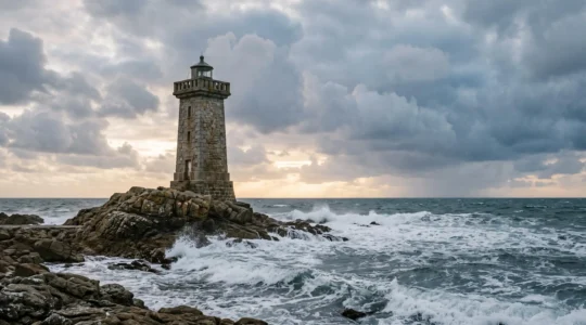 Un phare en pierre parfaitement stable face a une mer agitee, symbole du capital garanti face aux turbulences des marches financiers