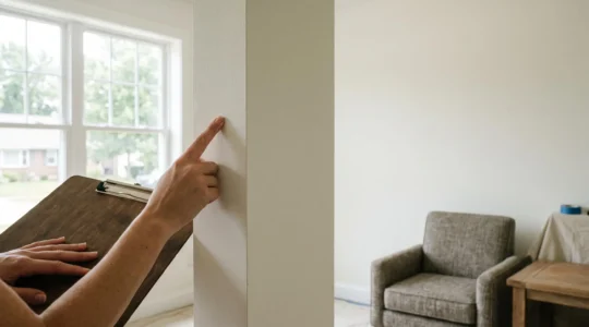 Propriétaire inspectant minutieusement une pièce fraîchement rénovée avant de signer le procès-verbal de réception de chantier