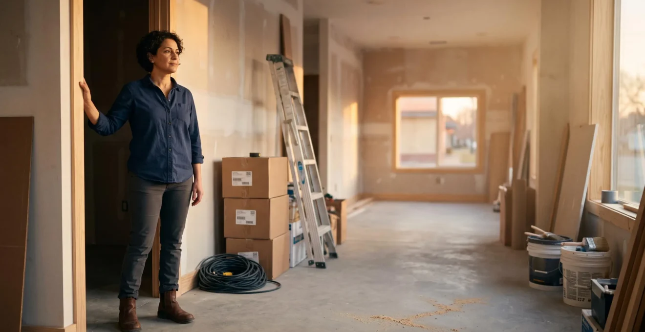 Dirigeant d'entreprise contemplant la reconstruction de son local professionnel au lever du jour après un sinistre majeur