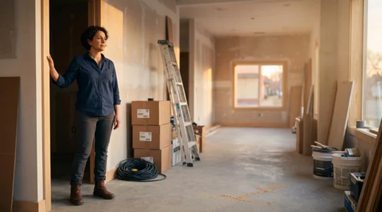 Dirigeant d'entreprise contemplant la reconstruction de son local professionnel au lever du jour après un sinistre majeur