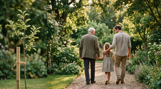 Photographie éditoriale symbolisant la croissance sécurisée d'un patrimoine familial sur le long terme