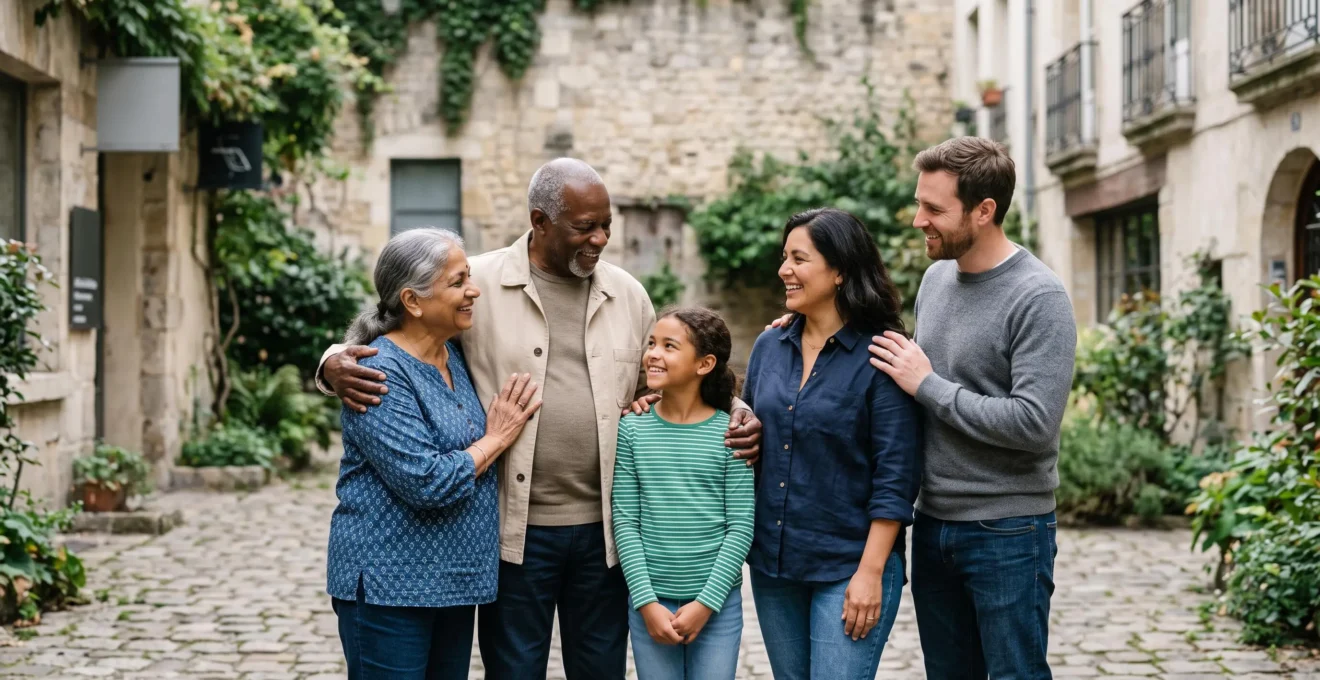 Groupe de personnes de generations differentes reunies en exterieur, illustrant la solidarite collective d'une mutuelle sante