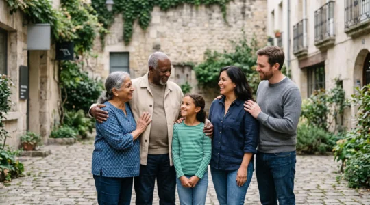 Groupe de personnes de generations differentes reunies en exterieur, illustrant la solidarite collective d'une mutuelle sante