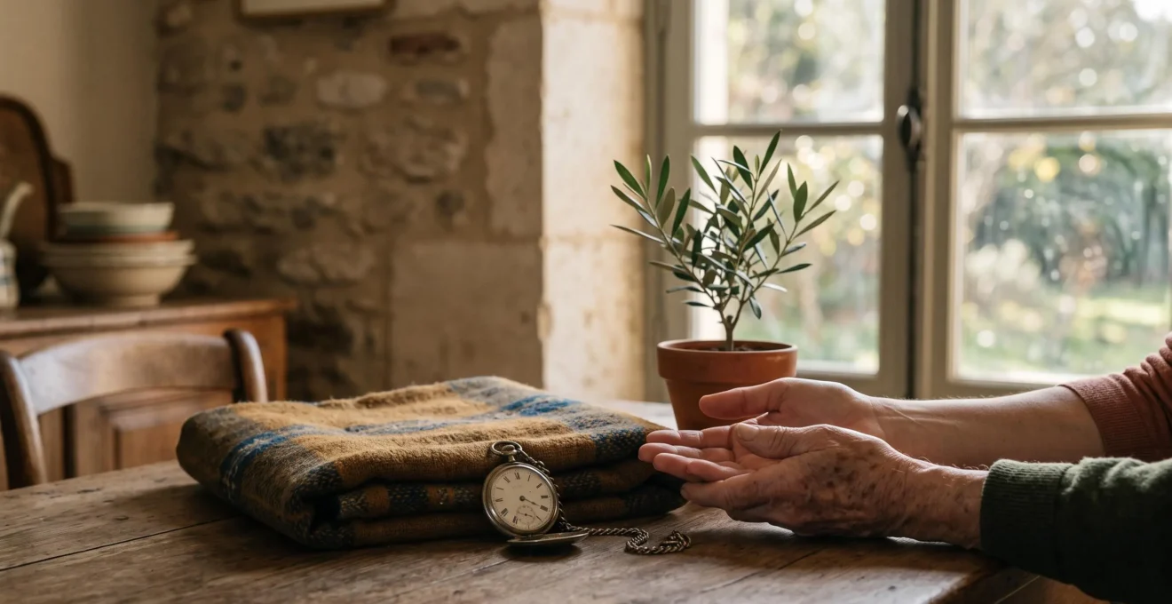 Deux mains de générations différentes qui se rejoignent au-dessus d'une table en bois, symbolisant une transmission de patrimoine apaisée entre parents et enfants