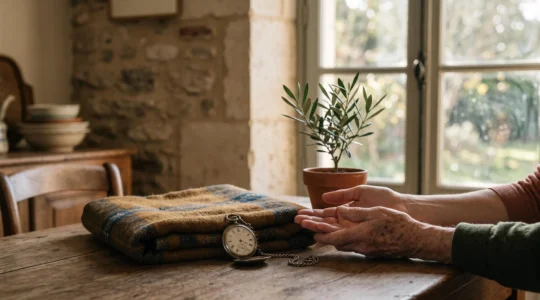 Deux mains de générations différentes qui se rejoignent au-dessus d'une table en bois, symbolisant une transmission de patrimoine apaisée entre parents et enfants