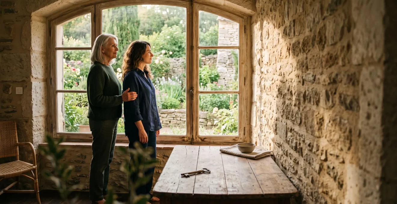 Parent senior et enfant adulte dans une maison lumineuse, symbolisant la transmission du patrimoine immobilier avec conservation des loyers