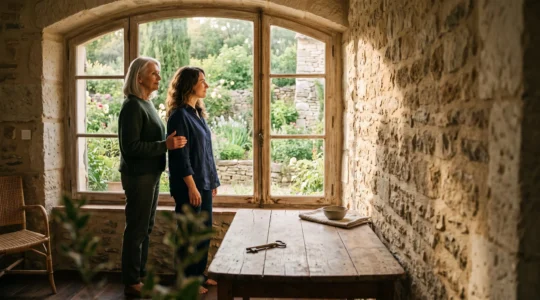Parent senior et enfant adulte dans une maison lumineuse, symbolisant la transmission du patrimoine immobilier avec conservation des loyers