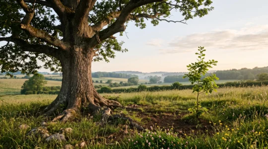 Un chene centenaire majestueux a cote d'une jeune pousse dans une lumiere doree, symbolisant la valeur du temps et de la patience en matiere d'epargne